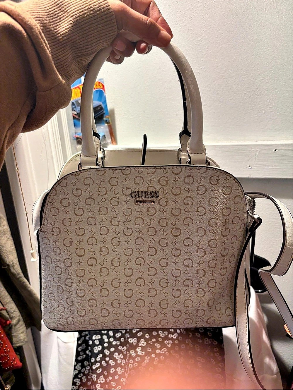 Guess Neda Logo Dome Satchel White & Brown